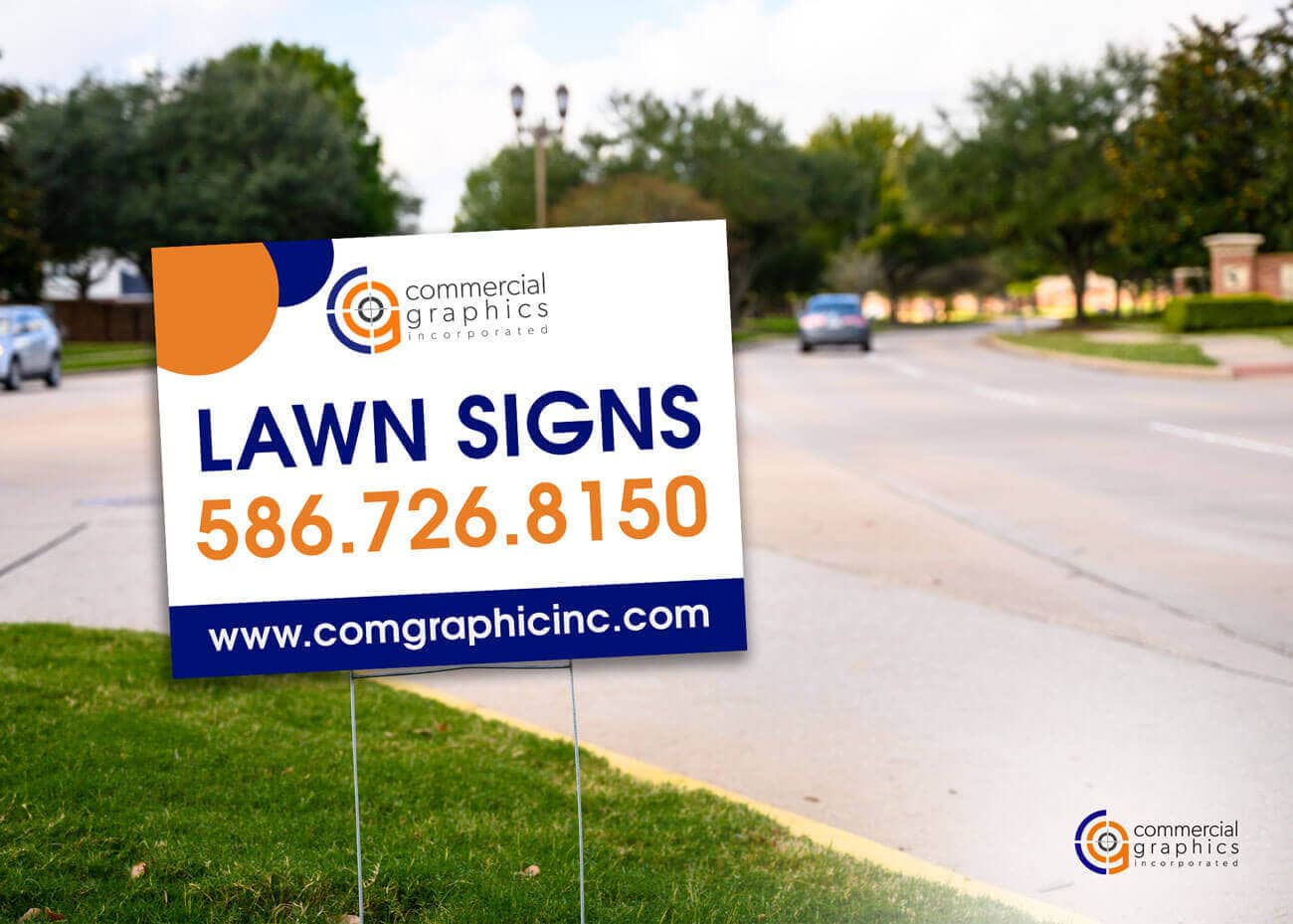 Lawn Sign on busy intersection advertising Michigan print company
